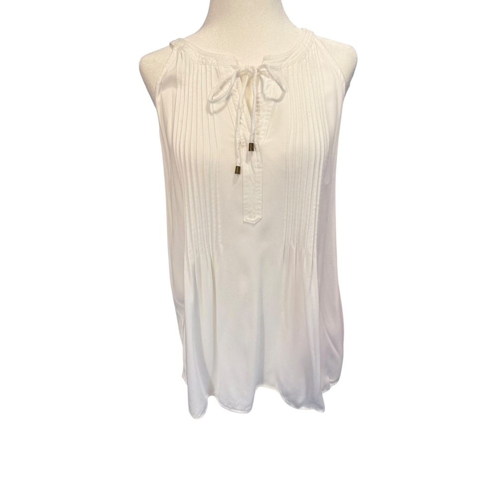 Rose + Olive Womens White Pintuck Pleated Sleeveless Tie Neck Blouse Size M